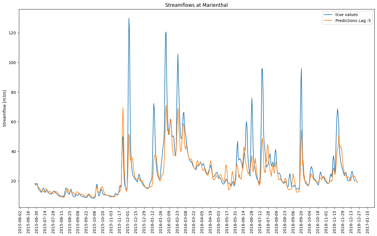 LSTM predicted streamflows for a lead time of 5 days (orange) compared to the observed streamflows (blue)