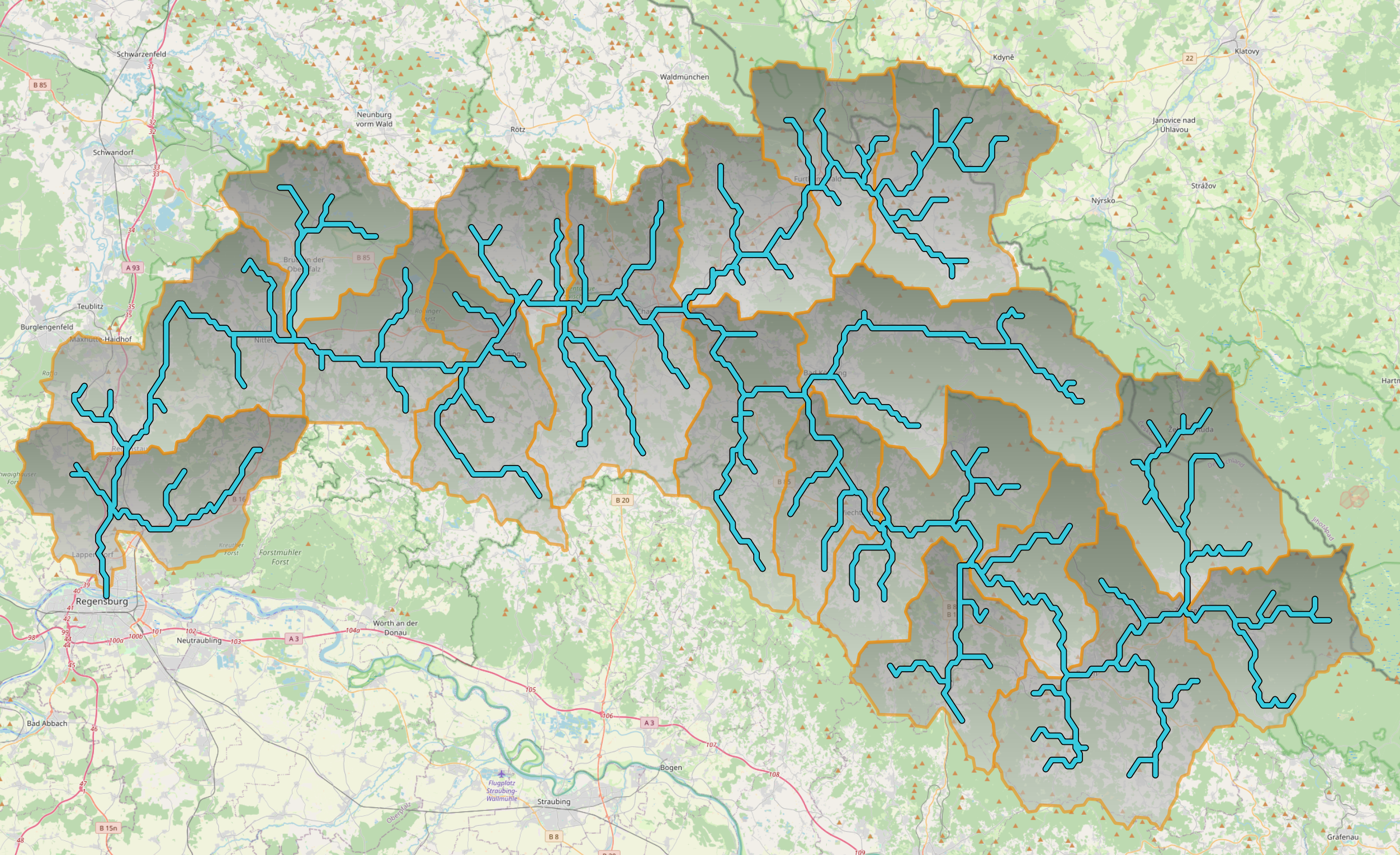 Catchments defined for the Regen river based on the HydroBASINS shapefile dataset (adapted from @OpenStreetMap2017)