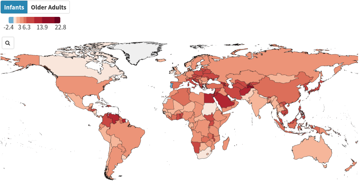 Change in number of heatwave days per country for infants, comparing the time periods 1986-2005 and 2013-2022.