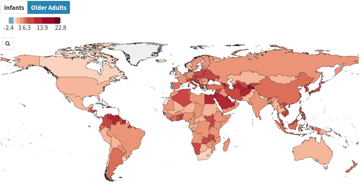 Change in number of heatwave days per country for older adults, comparing the time periods 1986-2005 and 2013-2022.