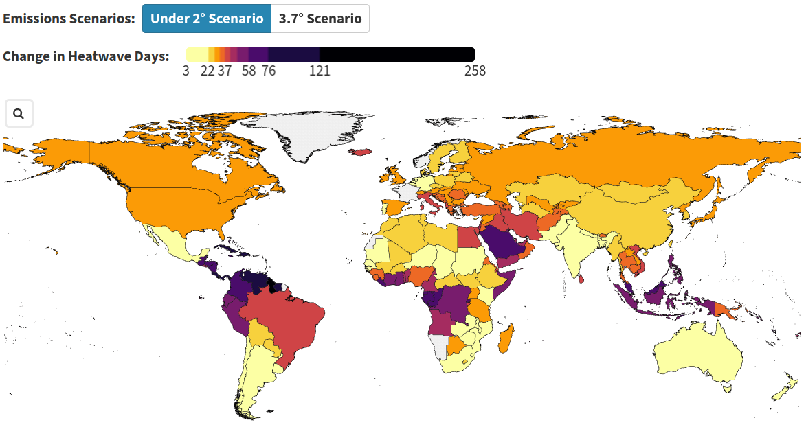 Projections of the change in number of heatwave days for older adults per country for SSP1 (under 2 degree scenario) for mid-century (2041-2060) with baseline period 1995-2014.