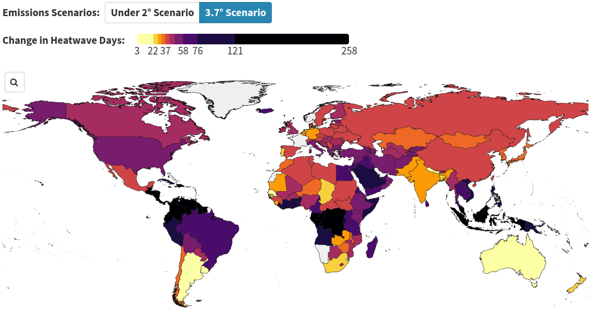 Projections of the change in number of heatwave days for older adults per country for SSP3 (3.7 degree scenario) for mid-century (2041-2060) with baseline period 1995-2014.