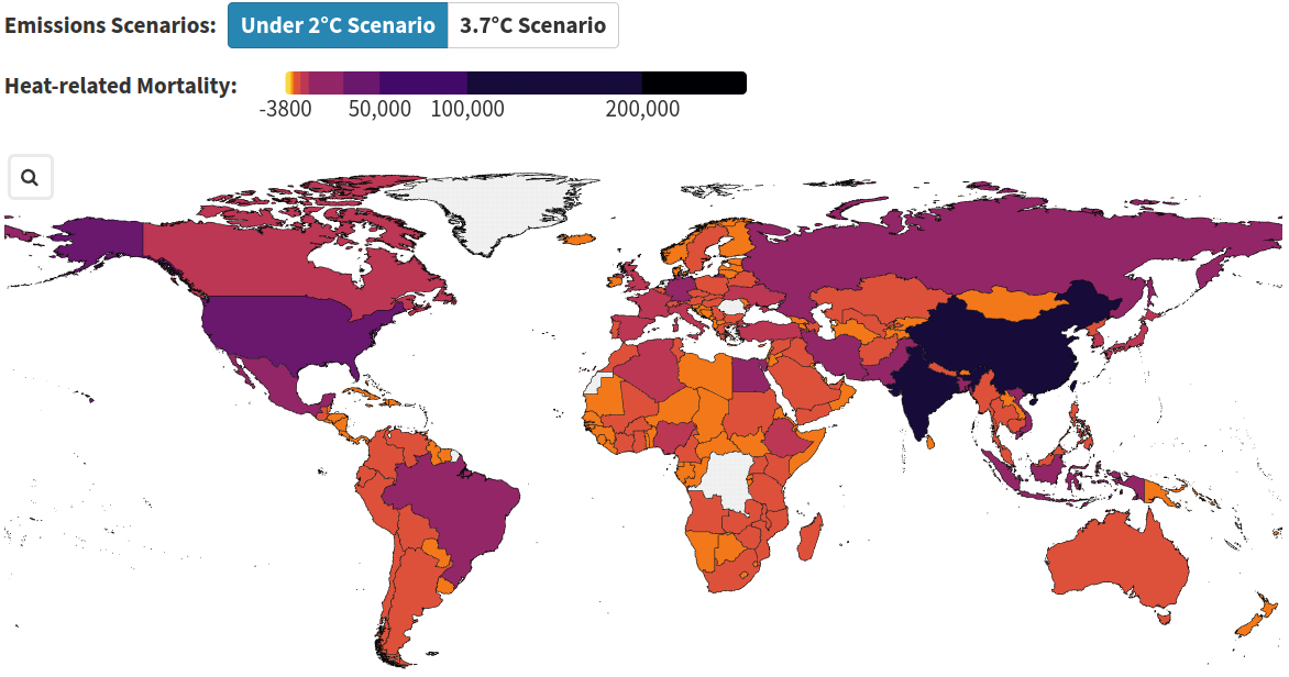 Projections of the absolute change in heat-related mortality for older adults per country for SSP1 (under 2 degree scenario) for mid-century (2041-2060) with baseline period 1995-2014.