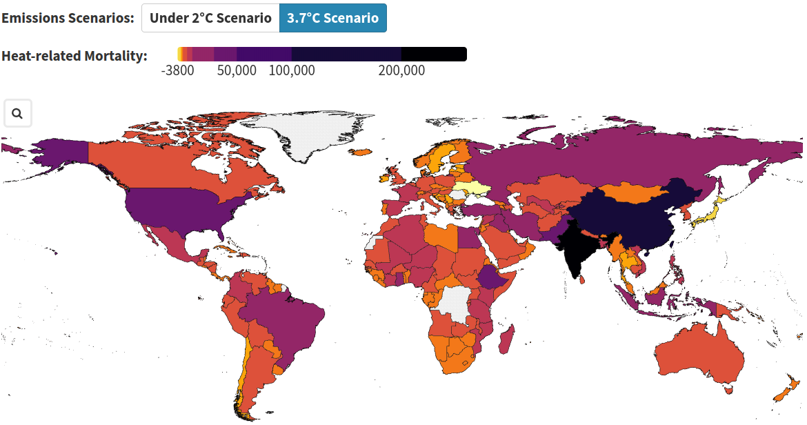 Projections of the absolute change in heat-related mortality for older adults per country for SSP3 (3.7 degree scenario) for mid-century (2041-2060) with baseline period 1995-2014.