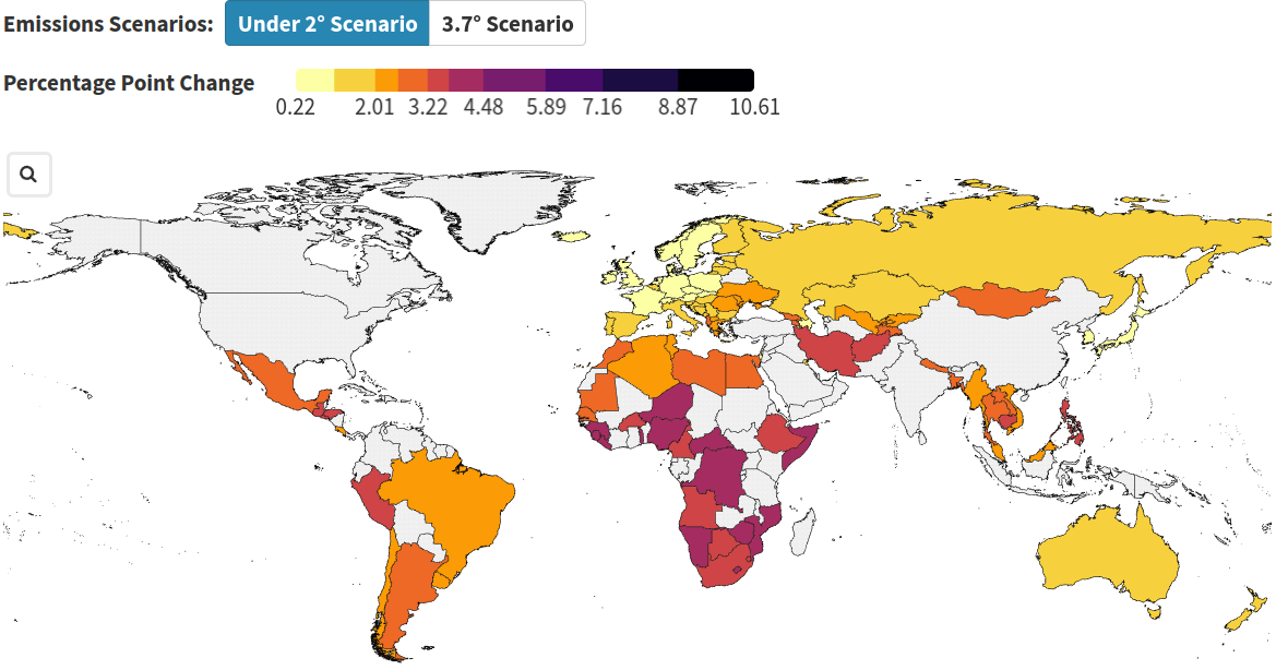 Projections of the impact of extreme weather on food inscurity per country for SSP1 (under 2 degree scenario) for mid-century (2041-2060) with baseline period 1995-2014.