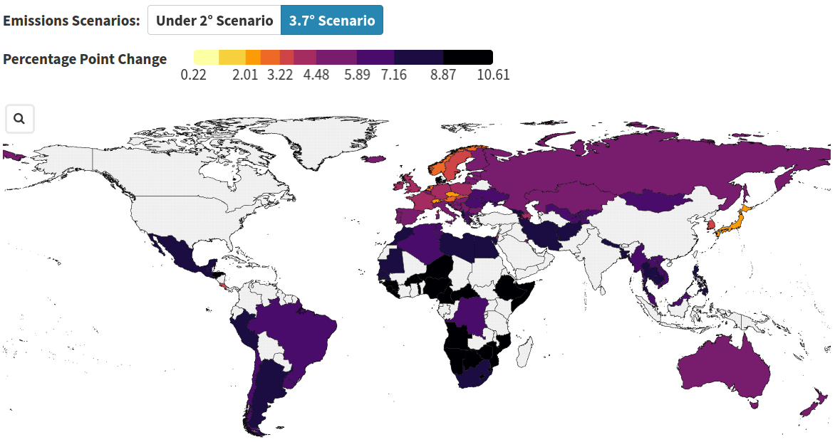 Projections of the impact of extreme weather on food inscurity per country for SSP3 (3.7 degree scenario) for mid-century (2041-2060) with baseline period 1995-2014.