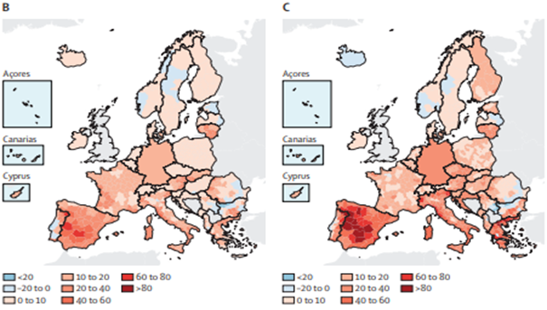 Heat-attributable mortality rates per 100,000 population across Europe, comparing two periods: 2003–2012 and 2013–2022 Adapted from Van Daalen, et al. (2024).