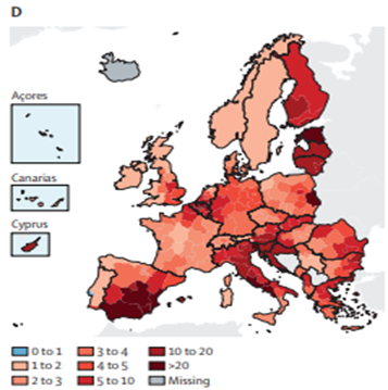 Heat-attributable mortality rates per 100,000 population across Europe, comparing two periods: 2003–2012 and 2013–2022 Adapted from Van Daalen, et al. (2024).