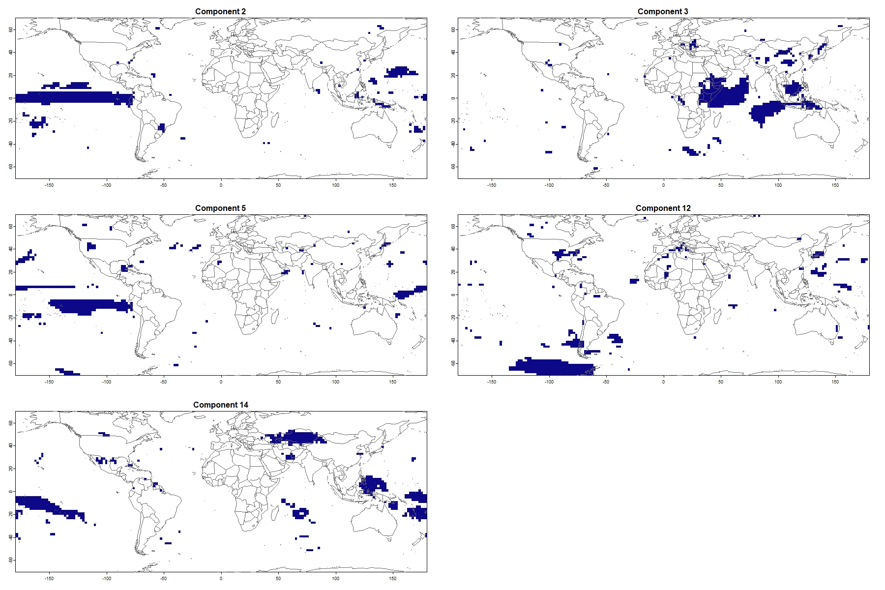 World map showing the location of the different rotated components from ERA5 dataset 