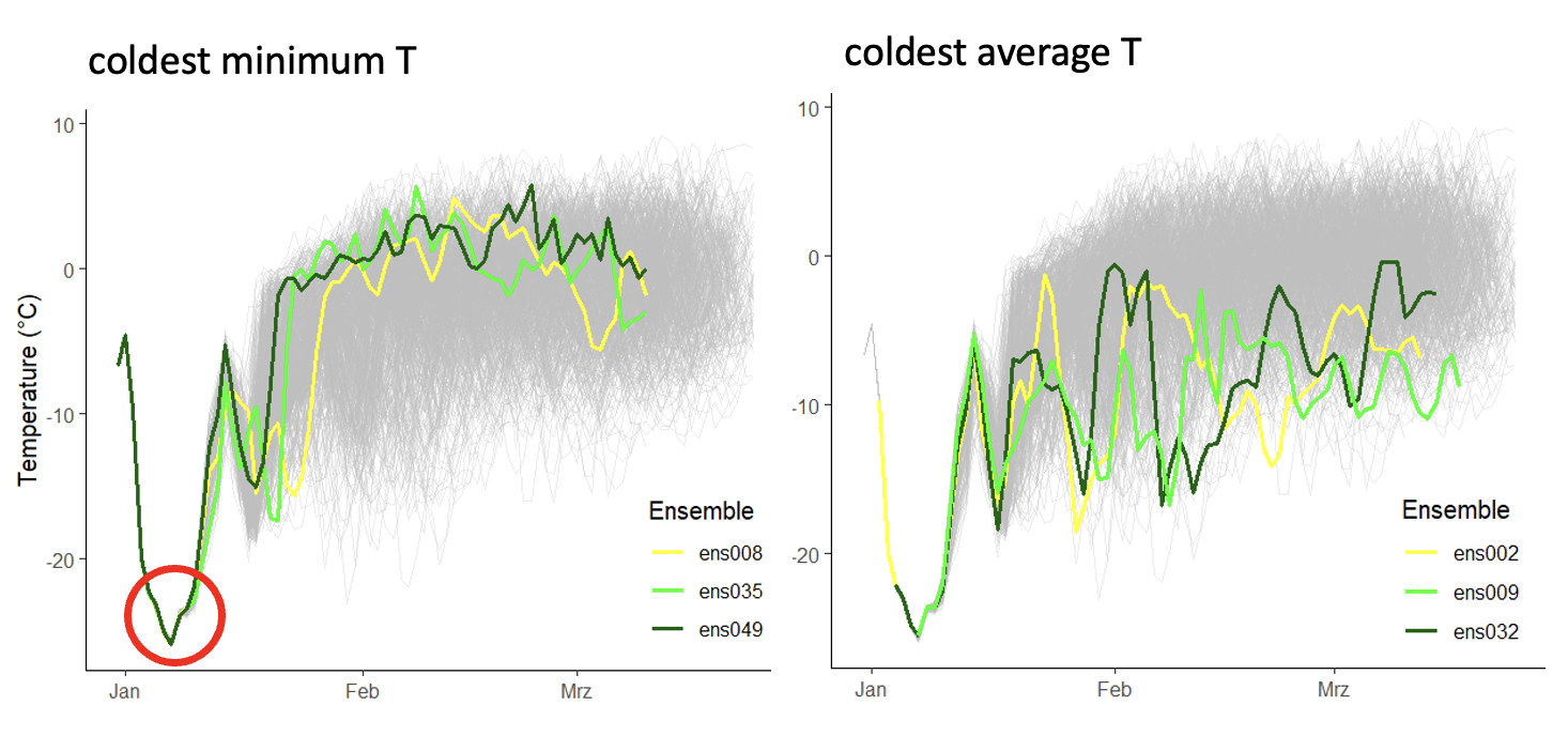 The three coldest storylines (based on minimum and average temperature) are derived from ensemble member 48. The data are extracted from the file BSSP370cmip6.0480013.zip, provided by Sippel et al. (2024)