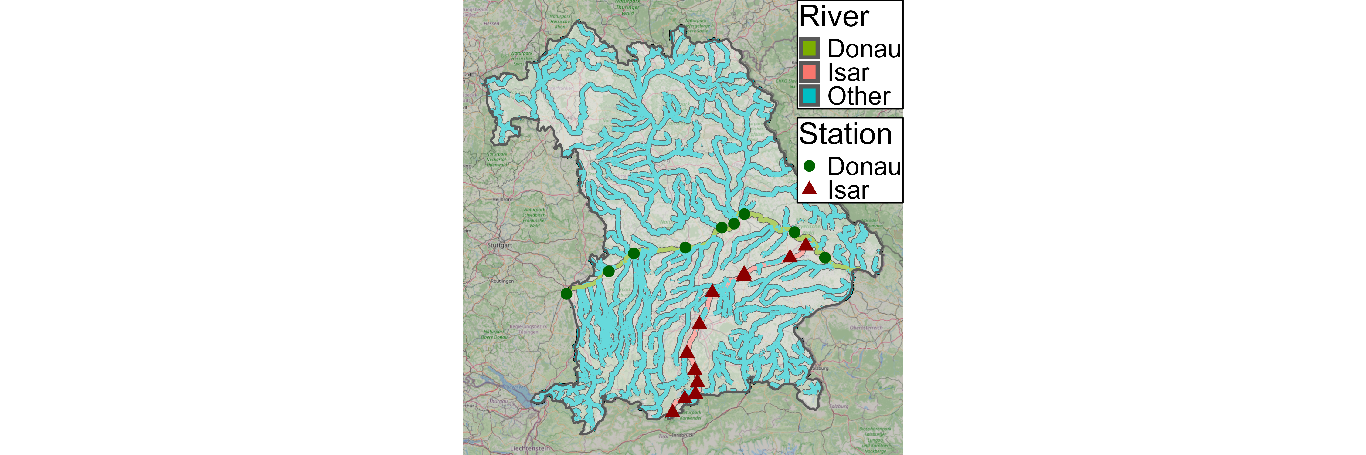 The location of the selected measurement stations for the Isar and the Danube in Bavaria.