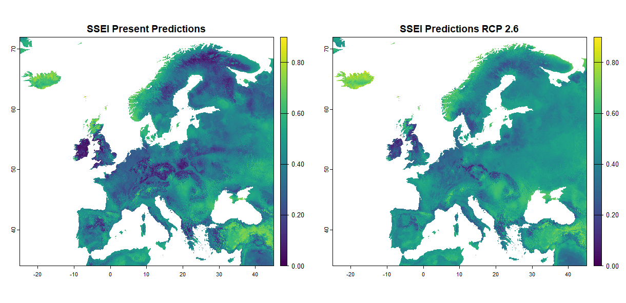 Scaled Shannon entropy index for the model's predictions, (right) present (1979-2013), (left) 2061-2081 under RCP 2.6
