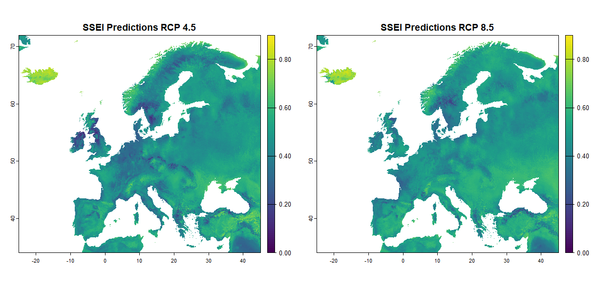 Scaled Shannon entropy index for the model's predictions, (right) 2061-2081 under RCP 4.5, (left) 2061-2081 under RCP 8.5