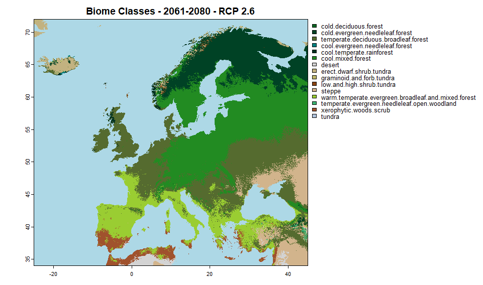 Map of Hard classified Potential Natural Vegetation  predictions in Europe for the years 2061-2080 for RCP 2.6.