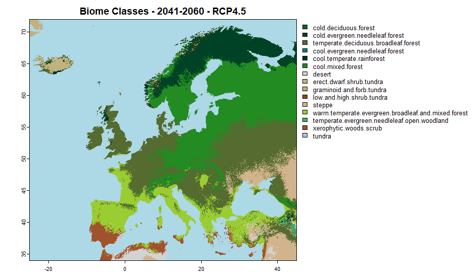 Map of Hard classified Potential Natural Vegetation  predictions in Europe for the years 2061-2080 for RCP 4.5.