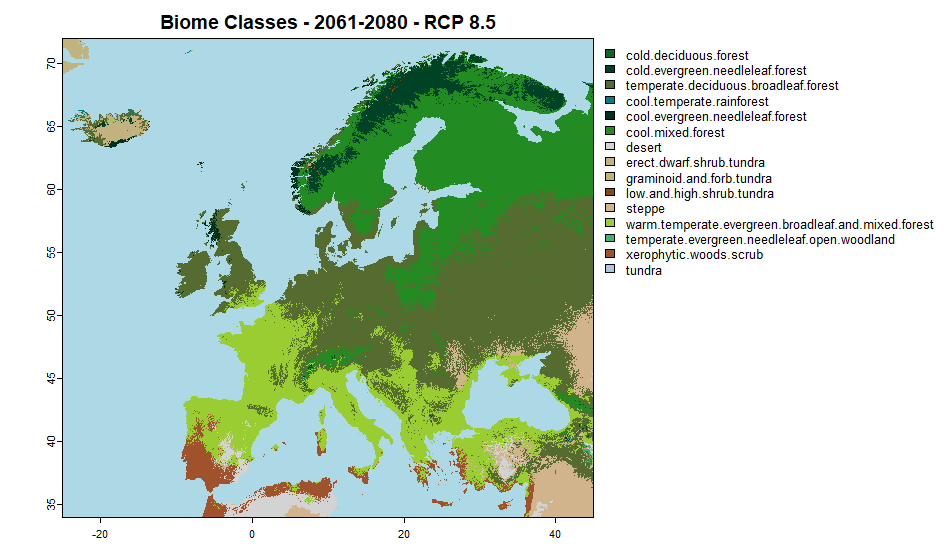 Map of Hard classified Potential Natural Vegetation  predictions in Europe for the years 2061-2080 for RCP 8.5.