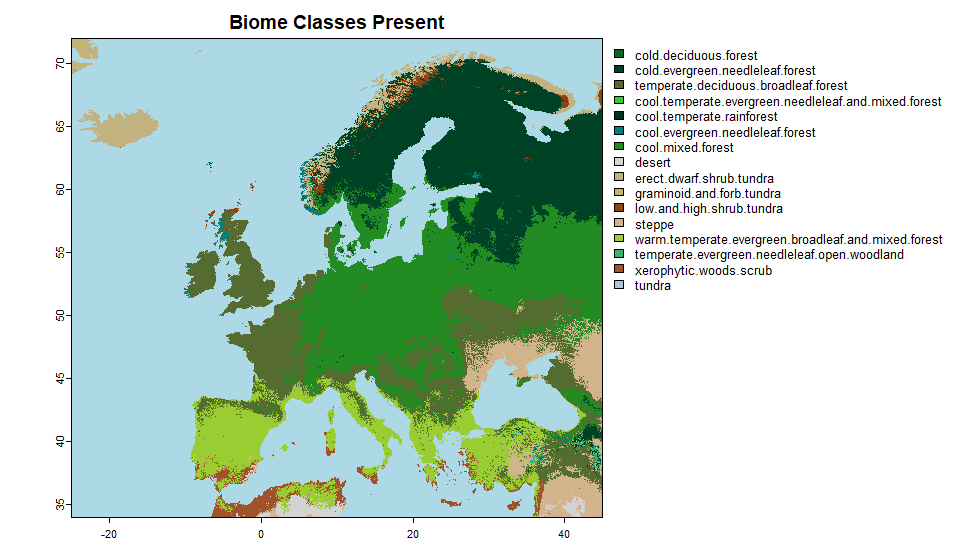 Map of Hard classified Potential Natural Vegetation  predictions in Europe for the present times.