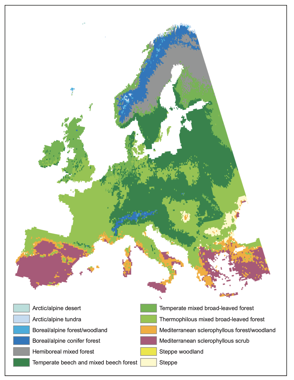  LPJ-Guess model results from @hickler2012 for the long-term equilibrium vegetation distribution using the HadCM3 A2 climate scenario for a climatology between 2071-2100. Map printed for visual comparison with our model results in Chapter 6.3.2. 