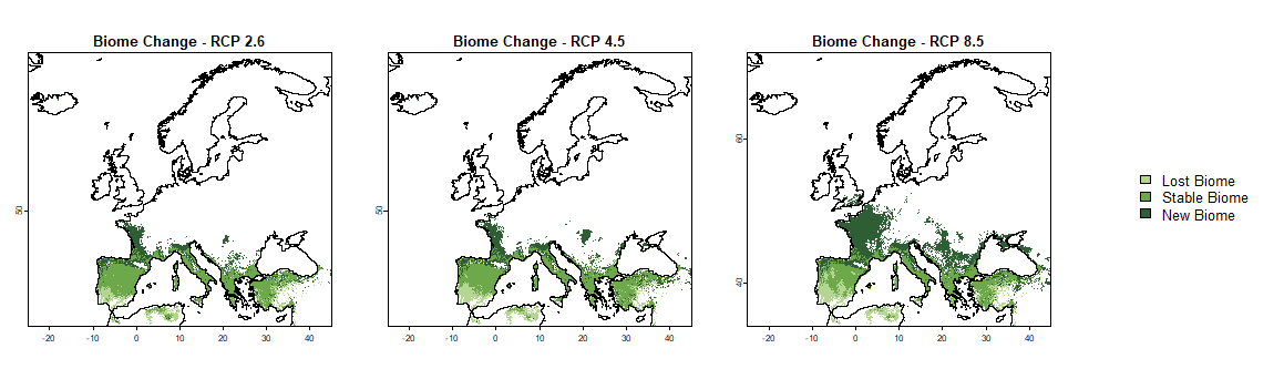  Changes in warm temperate evergreen broadleaf and mixed forest coverage in Europe under present and future climate predictions (RCP 2.6, 4.5, and 8.5). 