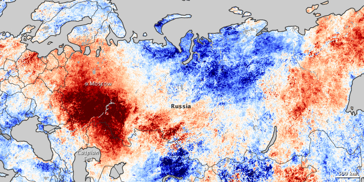 Source: [https://earthobservatory.nasa.gov/images/45069/heatwave-in-russia]. Heat waves in Eastern Russia, Eastern Europe and Central Asia in 2010.