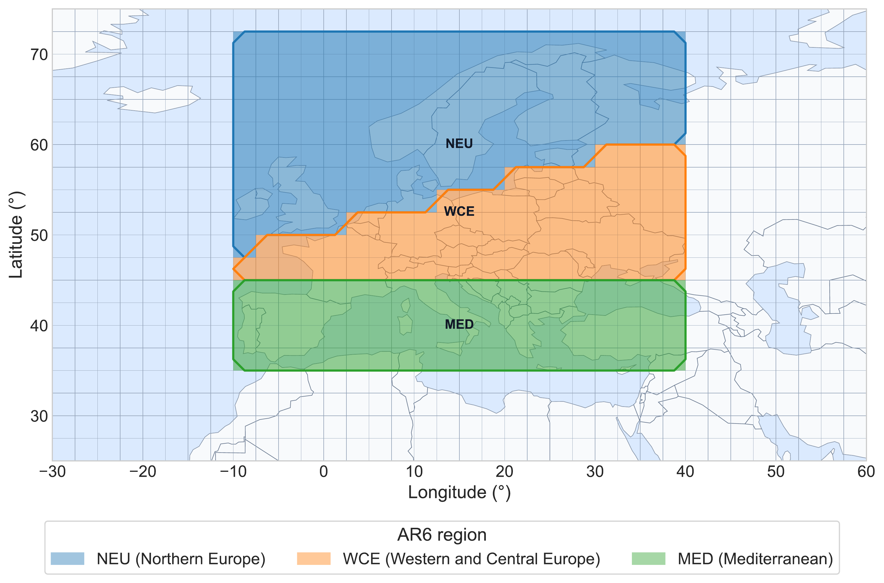 Study regions used in the analysis: NEU, WCE, and MED.