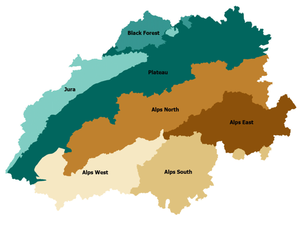 The seven FOEN bio-geographic regions of Switzerland used for reporting. Adapted from @hoege2023 (Fig. 4); region polygons: Swiss Federal Office for the Environment (FOEN).