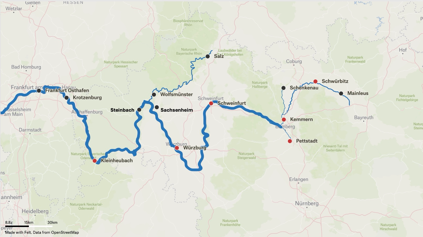 Map of Main river systen. The station included in the analysis are marked red.