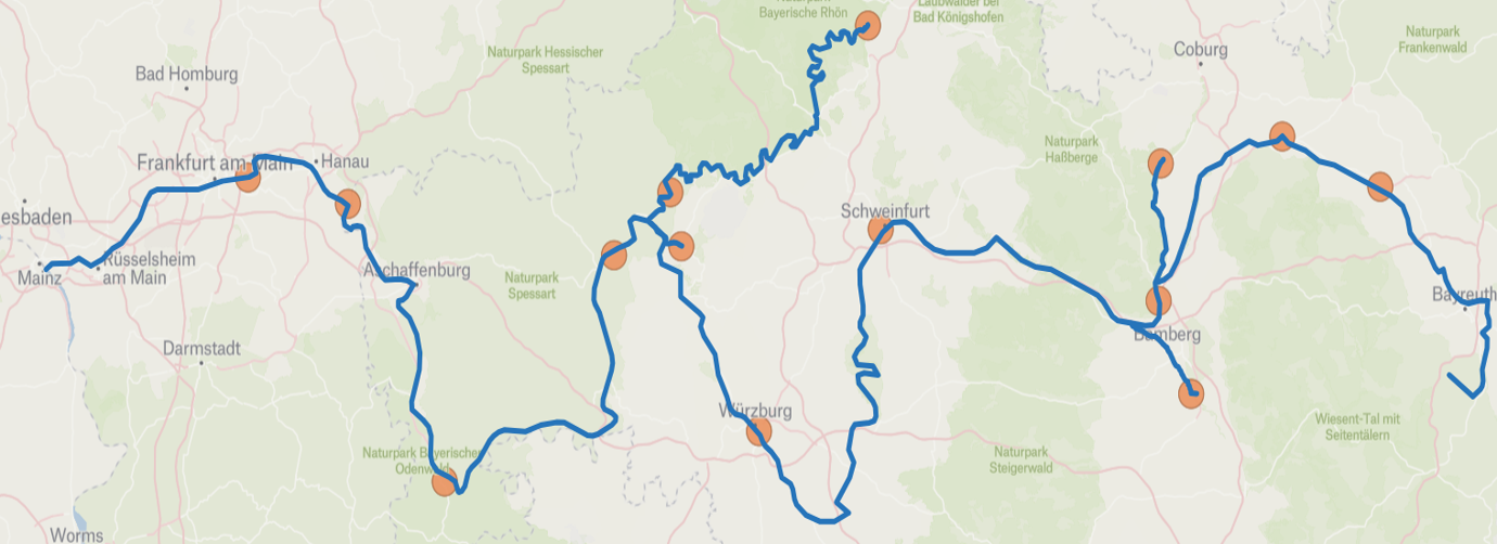 Map of the 14 measurement stations along the river Main and its tributaries Regnitz, Fränkische Saale, Itz and Wern. Map created with Felt and River Data from Natural Earth Data.
